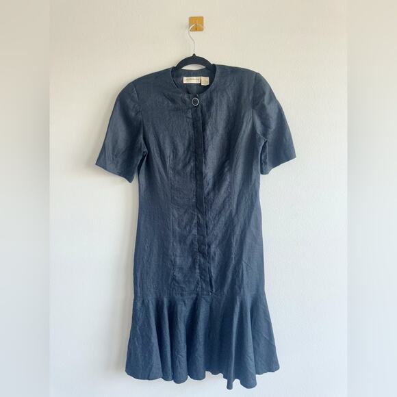 VTG Liz Claiborne Black Linen Dress Size 10 Minimalist Drop Waist Flounce Hem - Picture 1 of 5